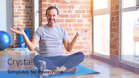  Presentation with human hands open palm up - Slide deck consisting of middle-age-handsome-sportman-sitting background and a teal colored foreground