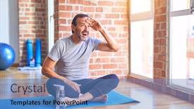  Presentation with exercise mat - Amazing slide set having middle-age-handsome-sportman-sitting backdrop and a teal colored foreground