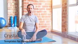  Presentation with exercise mat - Presentation design featuring middle-age-handsome-sportman-sitting background and a light blue colored foreground