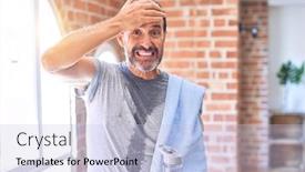  Presentation with water bottle - PPT theme with middle-age-handsome-sportman-sweaty background and a light blue colored foreground