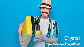  Presentation with tourist - Colorful presentation theme enhanced with middle-age-handsome-tourist-man backdrop and a teal colored foreground