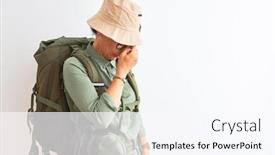  Presentation with canteen - Slide set enhanced with middle age hiker woman wearing backpack canteen hat glasses over isolated white background tired rubbing nose and eyes feeling fatigue and headache stress and frustration concept background and a sky blue colored foreground