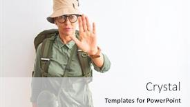  Presentation with canteen - Slide set having middle age hiker woman wearing backpack canteen hat glasses over isolated white background doing stop sing with palm of the hand warning expression with negative and serious gesture on the face background and a pink colored foreground