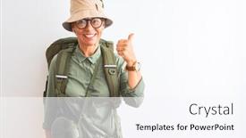  Presentation with canteen - Colorful presentation theme enhanced with middle age hiker woman wearing backpack canteen hat glasses over isolated white background doing happy thumbs up gesture with hand approving expression looking at the camera showing success backdrop and a pink colored foreground