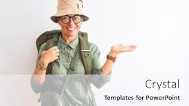  Presentation with canteen - PPT layouts having middle age hiker woman wearing backpack canteen hat glasses over isolated white background smiling cheerful presenting and pointing with palm of hand looking at the camera background and a cool aqua colored foreground