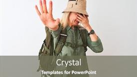  Presentation with canteen - Cool new slide set with middle age hiker woman wearing backpack hat canteen glasses over isolated white background covering eyes with hands and doing stop gesture with sad and fear expression embarrassed and negative backdrop and a gray colored foreground