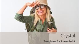  Presentation with canteen - PPT theme with middle-age-hiker-woman-wearing background and a light gray colored foreground