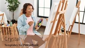  Presentation with art - Presentation design with middle-age-hispanic-artist-woman background and a coral colored foreground