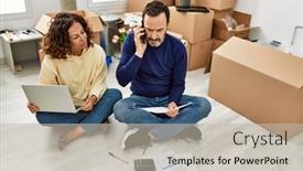  Presentation with family talking - Slide set featuring middle-age-hispanic-couple-controlling background and a  colored foreground