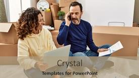  Presentation with family talking - Presentation theme consisting of middle-age-hispanic-couple-controlling background and a  colored foreground