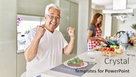  Presentation with healthy eating - PPT theme featuring middle-age-hispanic-couple-eating background and a soft green colored foreground