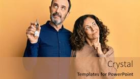  Presentation with new idea innovation - PPT theme featuring middle-age-hispanic-couple-holding background and a coral colored foreground