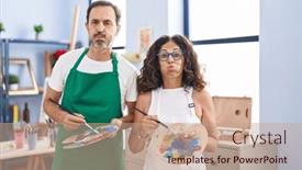  Presentation with puffing - Theme having middle-age-hispanic-couple-painting background and a coral colored foreground