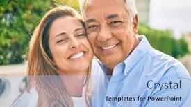 Presentation with hispanic - PPT theme featuring middle-age-hispanic-couple-smiling background and a light blue colored foreground