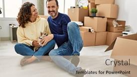  Presentation with new home - Presentation design featuring middle-age-hispanic-couple-smiling background and a soft green colored foreground