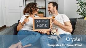  Presentation with new home - PPT theme featuring middle-age-hispanic-couple-smiling background and a  colored foreground