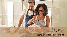  Presentation with frying - Slide deck having middle-age-hispanic-couple-smiling background and a  colored foreground