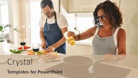  Presentation with frying - Presentation design featuring middle-age-hispanic-couple-smiling background and a coral colored foreground