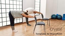  Presentation with stretching - Presentation theme having middle-age-hispanic-couple-stretching background and a coral colored foreground