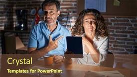  Presentation with forefinger - PPT theme enhanced with middle-age-hispanic-couple-using background and a tawny brown colored foreground