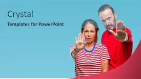  Presentation with sing - Audience pleasing presentation theme consisting of middle age hispanic couple in love over isolated background doing stop sing with palm of the hand warning expression with negative and serious gesture on the face backdrop and a light blue colored foreground