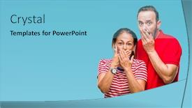  Presentation with secret love - Colorful PPT layouts enhanced with middle age hispanic couple in love over isolated background shocked covering mouth with hands for mistake secret concept backdrop and a light blue colored foreground