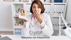  Presentation with uterus - PPT theme consisting of middle-age-hispanic-doctor-woman background and a light gray colored foreground