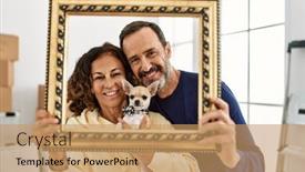  Presentation with new home - PPT theme enhanced with middle-age-hispanic-family-smiling background and a coral colored foreground