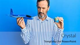  Presentation with problem world - Colorful presentation enhanced with middle-age-hispanic-man-holding backdrop and a light blue colored foreground