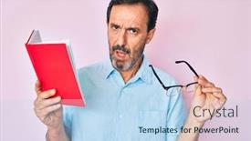  Presentation with book glasses - PPT theme having middle-age-hispanic-man-reading background and a light blue colored foreground