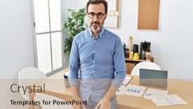  Presentation with beard - Presentation theme having middle-age-hispanic-man background and a  colored foreground