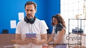  Presentation with music studio - PPT layouts having middle-age-hispanic-man background and a  colored foreground
