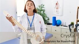  Presentation with physiotherapy - PPT theme featuring middle-age-hispanic-physiotherapy-woman background and a mint green colored foreground