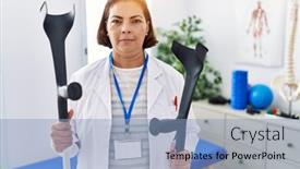  Presentation with physiotherapy - PPT layouts enhanced with middle-age-hispanic-physiotherapy-woman background and a light blue colored foreground