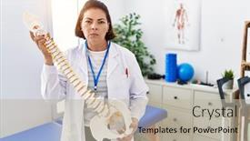  Presentation with spinal - Slides enhanced with middle-age-hispanic-physiotherapy-woman background and a mint green colored foreground