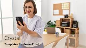  Presentation with business environment using laptops globe - PPT theme with middle-age-hispanic-woman-businesswoman background and a  colored foreground