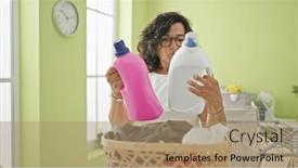  Presentation with laundry detergent - PPT theme consisting of middle-age-hispanic-woman-choosing and a coral colored foreground