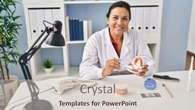  Presentation with denture - Slide set with middle-age-hispanic-woman-dentist background and a lemonade colored foreground