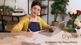  Presentation with flower woman - Presentation theme consisting of middle-age-hispanic-woman-florist background and a coral colored foreground