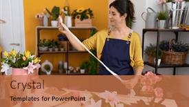  Presentation with flower woman - Slide set with middle-age-hispanic-woman-florist background and a coral colored foreground