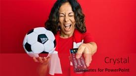  Presentation with hooligan - Cool new slides with middle-age-hispanic-woman-football backdrop and a red colored foreground
