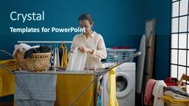  Presentation with laundry room - Slide set with middle-age-hispanic-woman-hanging background and a ocean colored foreground