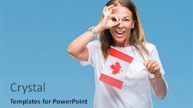  Presentation with canada flag - Amazing PPT theme having middle age hispanic woman holding flag of canada over isolated background with happy face smiling doing ok sign with hand on eye looking through fingers backdrop and a light blue colored foreground