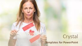  Presentation with canada flag - PPT theme featuring middle age hispanic woman holding flag of canada over isolated background with a confident expression on smart face thinking serious background and a cream colored foreground
