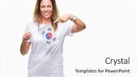  Presentation with korea flag - Colorful presentation theme enhanced with middle age hispanic woman holding backdrop and a white colored foreground
