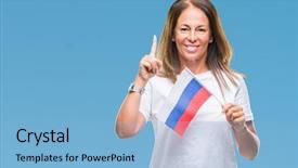  Presentation with russia flag - Cool new slide deck with middle age hispanic woman holding backdrop and a light blue colored foreground