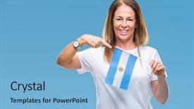  Presentation with flag of argentina - Amazing PPT layouts having middle age hispanic woman holding backdrop and a light blue colored foreground