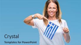  Presentation with lgbt diversity rainbow flag isolated - Beautiful theme featuring middle age hispanic woman holding backdrop and a light blue colored foreground