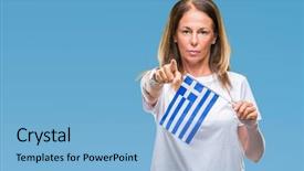  Presentation with greek column front - Colorful slide deck enhanced with middle age hispanic woman holding backdrop and a light blue colored foreground