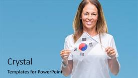  Presentation with korea flag - Beautiful PPT theme featuring middle age hispanic woman holding backdrop and a light blue colored foreground